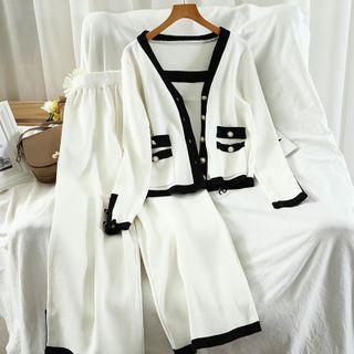 Set: Contrast Trim Cardigan + Knit Camisole + Wide-leg Pants