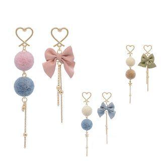 Non-matching Bow Pom Pom Dangle Earring