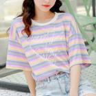 Elbow-sleeve Striped T-shirt Stripe - Purple & Pink - One Size