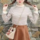 Long-sleeve Lace-trim Striped Top