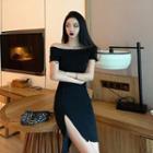 Short-sleeve Off Shoulder Slit Mini Sheath Dress