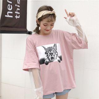 Cat Print Mesh Panel T-shirt