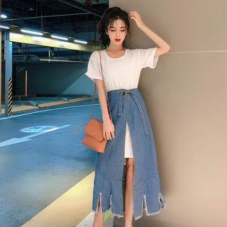 Set: Short-sleeve T-shirt + Midi Slit Denim Skirt As Shown In Figure - One Size