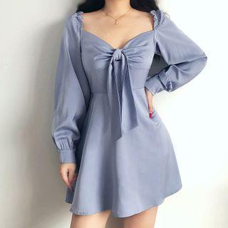 Long-sleeve Bow Mini A-line Dress