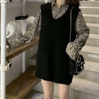 Leopard Print Blouse / V-neck Sweater Vest