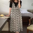 Floral Print Midi A-line Overall Dress Black Floral - White - One Size