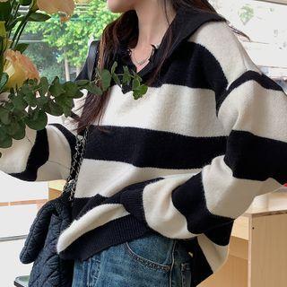 Collared Striped Sweater Stripe - Black & White - One Size