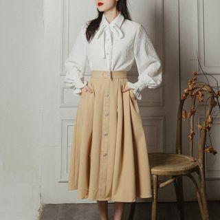 Set: Bow Detail Shirt + Midi A-line Skirt