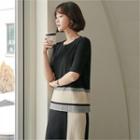 Set: Elbow-sleeve Color-block Top + Ribbed Skirt