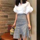 Balloon Short-sleeve Blouse / Plaid A-line Skirt