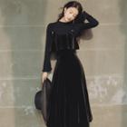 Set: Plain Long-sleeve T-shirt + Corduroy Spaghetti Strap Midi A-line Dress