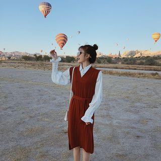 Set: Plain Shirt + V-neck Knit Dress