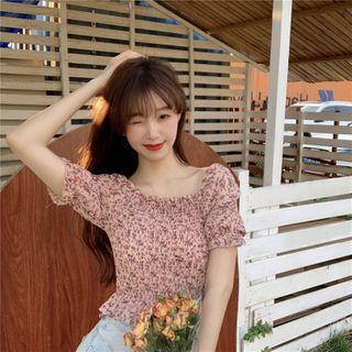 Short-sleeve Floral Print Shirred Crop Top