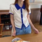 Short-sleeve Ribbed Polo Knit Top As Shown In Figure - One Size