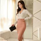 Long-sleeve V-neck Blouse / Midi Sheath Skirt