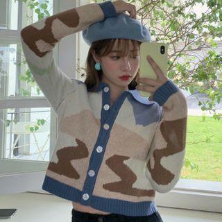 Color Panel Cropped Cardigan Blue - One Size