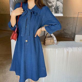 Bow-neck Denim Midi A-line Dress