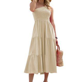 Sleeveless One-shoulder Ruched Midi A-line Dress