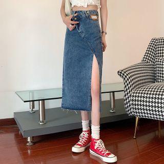 High-waist Frayed Irregular Enim Skirt