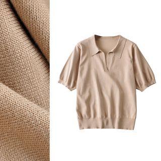 Short-sleeve Open Collar Knit Top