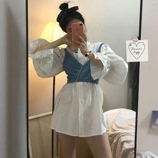 Puff-sleeve Blouse / Denim Cropped Camisole Top