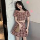 Set: Short Sleeve Square Neck Plaid Cropped Top + A-line Skirt