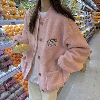 Lettering Print Fleece Button Baseball Jacket