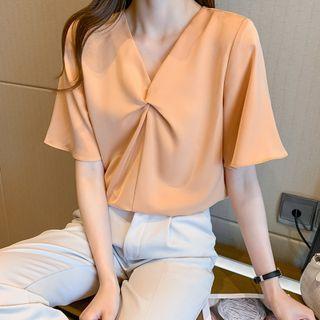 Short-sleeve Twist-front V-neck Blouse