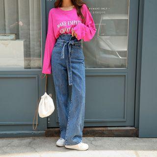 High-waist Washed Jeans With Sash