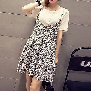 Set: Short-sleeve T-shirt + Floral Print Strappy Dress