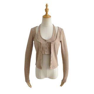 Mock Two-piece Long-sleeve Halter-neck Button-up Knit Top