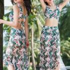 Set Of 3: Floral Print Bikini Top + Bottom + Cover-up