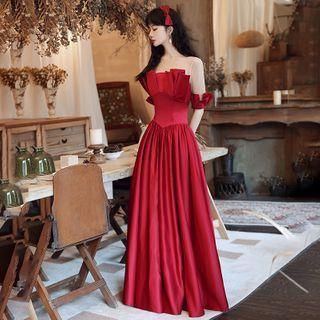 Elbow-sleeve Mesh Panel Ruffle Trim Evening Gown