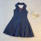 Polo Collar Halter Dress Blue - One Size