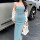Spaghetti-strap Slit Midi Sheath Dress / Cropped Cardigan