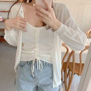 Set: Drawstring Knitted Camisole Top + Cardigan