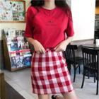 Lettering Short-sleeve T-shirt / Gingham Mini Skirt