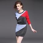 Set: Color Block Knit Pullover + Knitted Skirt