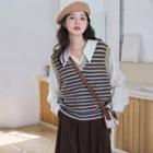 Mock Two-piece Open-collar Striped Knit Panel Blouse