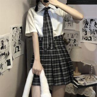 Short-sleeve Shirt + Pleated Mini Skirt