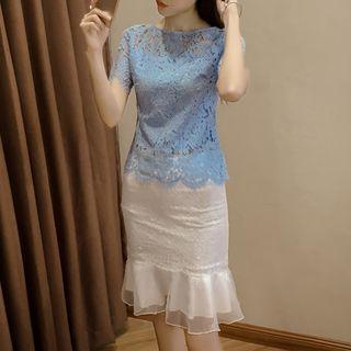 Set: Short-sleeve Lace Top + Ruffle Fitted Skirt