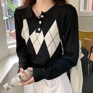 Argyle Polo Collar Knit Top Black - One Size