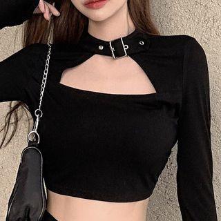 Cutout Halter Long-sleeve Top Black - One Size