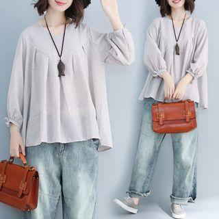 Striped Panel Lantern-sleeve T Shirt Khaki - Stripe - L