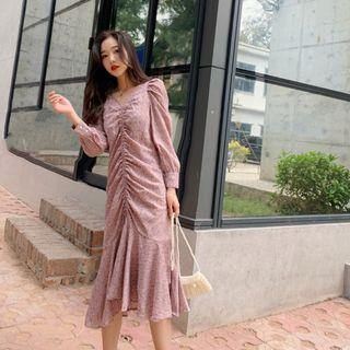 Floral Print Ruched Long-sleeve Ruffle Hem Midi Sheath Dress