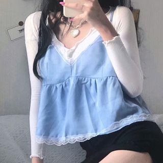 Set: Long-sleeve Top + Spaghetti Strap Lace Trim Top