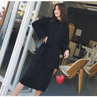 Set: Long-sleeve Midi Knit Dress + Open Front Cardigan