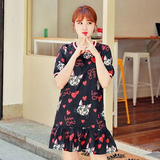 Short-sleeve Pleated-hem Printed Dress