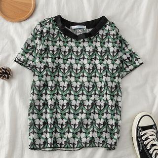 Floral Short-sleeve Mesh Cropped Top As Shown In Figure - One Size