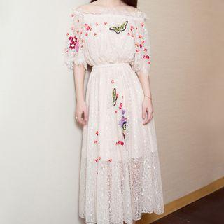 Off-shoulder Embroidered Midi Dress